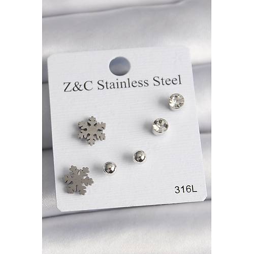 316L �elik G�m�� Renk Zirkon Ta�l� Kar Tanesi Model Kad�n K�pe Seti