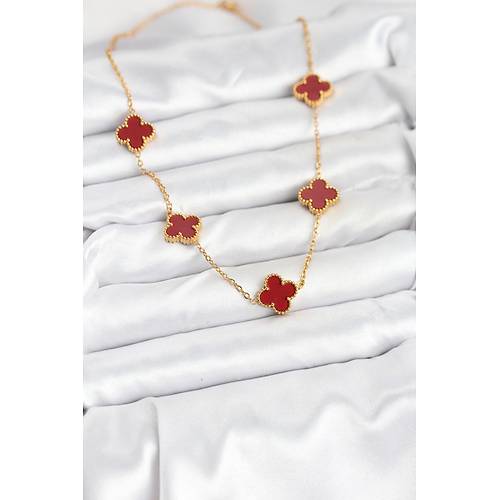 316L �elik Gold Renk Zincir Bordo Yonca Kad�n Kolye