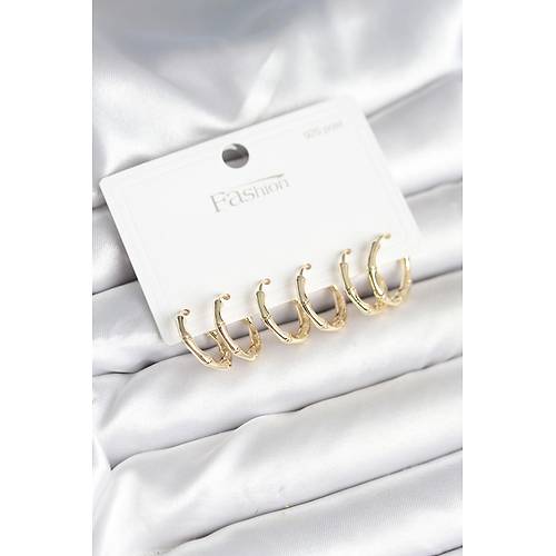 Pirin� Gold Renk Kemik Halka Model 925 Ayar G�m�� �ivili Kad�n K�pe Seti