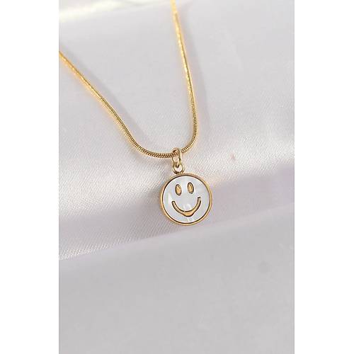 316L �elik Zincir Alt�n Renk Mermer Desenli Minimal Smile Kolye