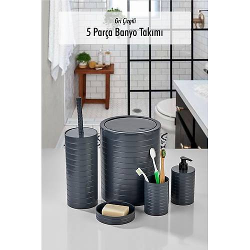 5 Par�a Yatay �izgili Gri Banyo Tak�m�