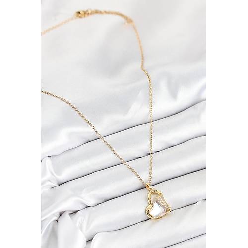 316L �elik Zirkon Ta�l� Kalp Model Gold Renk Kad�n Kolye