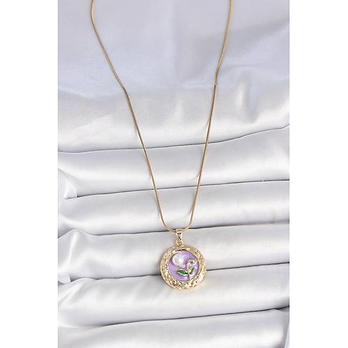 316L �elik Gold Renk Zincir Mor �i�ek ��lemeli �nci Detay Potre Model Kad�n Kolye