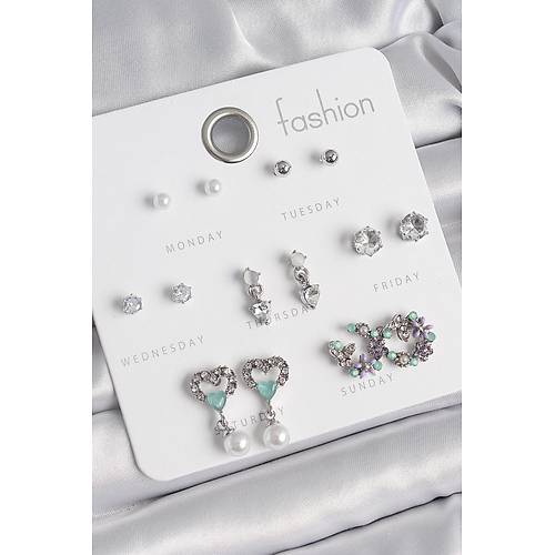 Pirin� G�m�� Renk Zirkon Ta�l� Sallant�l� Kalp Model �i�ek Detay 7 �ift Kad�n K�pe Seti