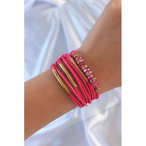 Pembe Renk Zirkon Ta�l� Metal Aksesuarl� �pli �oklu Bileklik