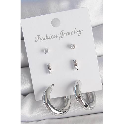 Pirin� G�m�� Renk Zirkon Ta� Detay Halka Model 3 �ift Kad�n K�pe Seti