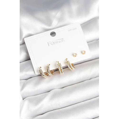 Pirin� Gold Renk Zirkon Ta�l� 925 G�m�� �ivili Kad�n K�pe Seti