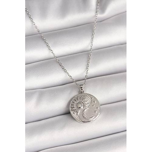 316L �elik G�m�� Renk Zincir Zirkon Ta�l� Ay G�ne� ��lemeli Madalyon Model Kad�n Kolye
