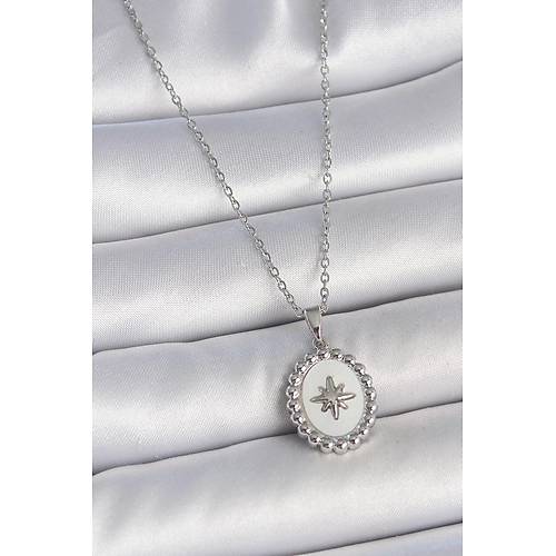 316L �elik G�m�� Renk Zincir Beyaz Mineli Kutup Y�ld�z ��lemeli Madalyon Model Kad�n Kolye