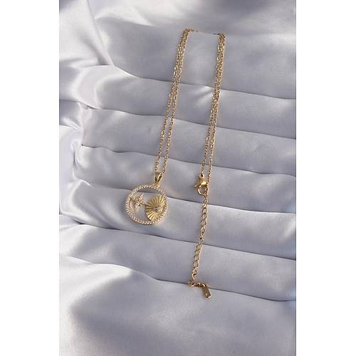 316L �elik Zincir Gold Renk Zirkon Ta�l� Y�ld�z Fig�rl� Oval Kolye