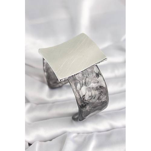 Siyah Mermer Desen Akrilik Plastik G�m�� Kare Plaka Model Vintage Kad�n Bilezik