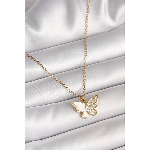 316L �elik Gold Renk Zincir Zirkon Ta�l� Beyaz Mineli Kelebek Model Kad�n Kolye
