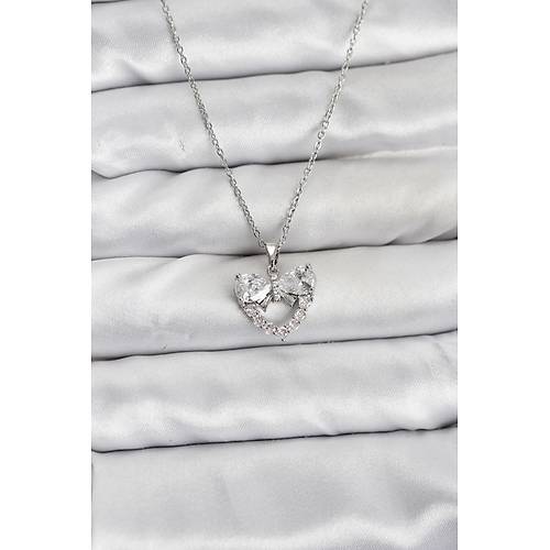 316L �elik Zincir G�m�� Renk Kalp ve Fiyonk Model Zirkon Ta�l� Kad�n Kolye