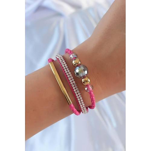 Pembe Renk Zirkon Ta�l� Deri �oklu Bileklik