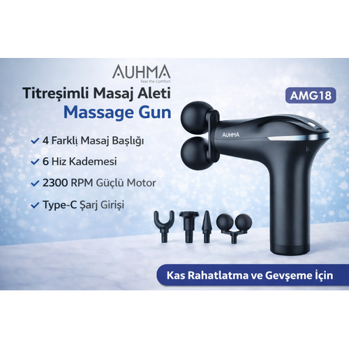 AUHMA AMG18 Masaj Aleti Titre�imli Massage Gun 6 Kademe 4 Ba�l�kl� �arjl� Masaj Tabancas�
