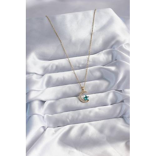 316L �elik Gold Renk Zincir Zirkon Ta� Detay Hilal Y�ld�z� Fig�r Kad�n Kolye