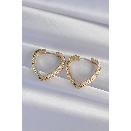 Pirin� Gold Renk Zirkon Ta�l� Motifli Kalp K�pe