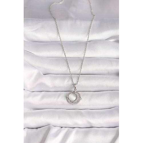 316L �elik G�m�� Renk Zirkon Ta�l� Beyaz Sedefli Hilal Model Kad�n Kolye