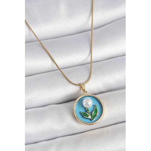 316L �elik Gold Renk Zincir Mavi Mineli �ncili �i�ek ��lemeli Portre Model Kad�n Kolye