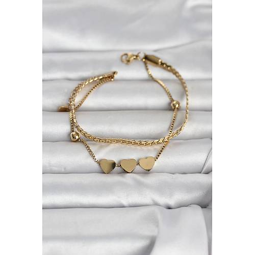 316L �elik Gold Renk Ezme Zincir ve Kalpli Kad�n Bileklik