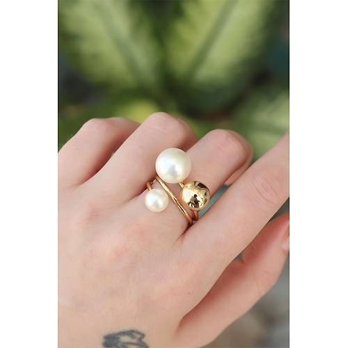 Pirin� Gold Renk Ayarlanabilir �nci Ta�l� Y�z�k