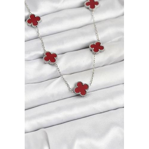 316L �elik Zincir G�m�� Renk Bordo Renk Yonca Kad�n Kolye