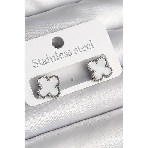 316L �elik G�m�� Renk Beyaz Yonca Model Kad�n K�pe