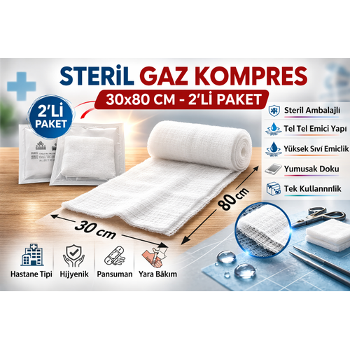 Steril Gaz Kompres 30x80 cm 2'li 1 Paket Tel Tel Span� Steril Gazl� Bez Yara Bak�m Kompresi