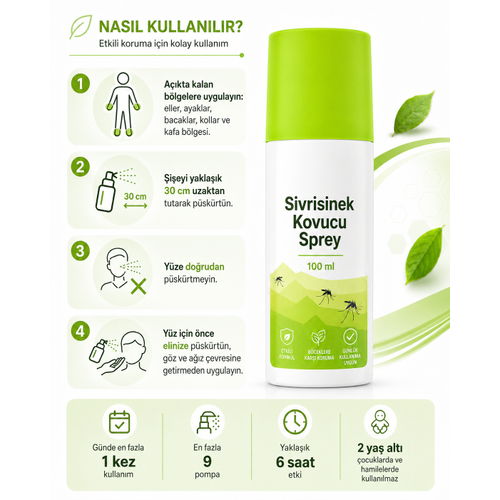 Sivrisinek Kovucu Sprey 100 ml Ta��nabilir Boy G�nl�k Kullan�ma Uygun V�cut Spreyi