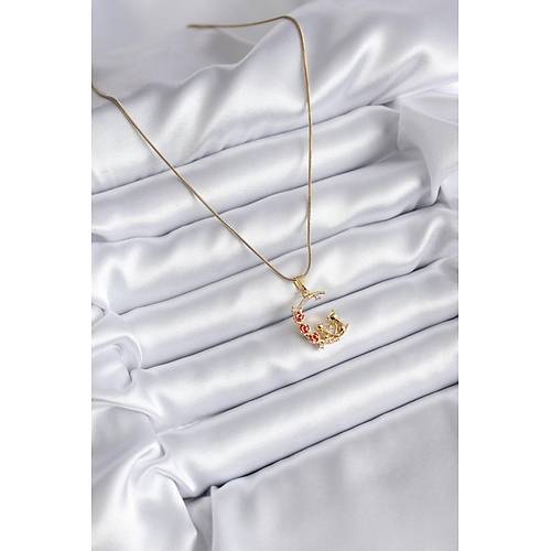 316L �elik Gold Renk Hilal Kedi Model Zirkon Ta�l� Detay Kad�n Kolye