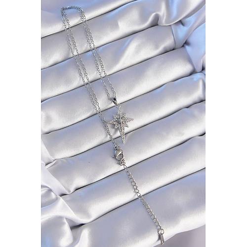 316L �elik G�m�� Renk Zirkon Ta�l� Kutup Y�ld�z� Model Kolye