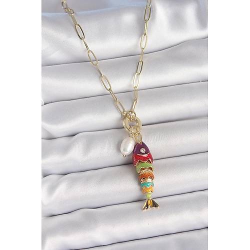 �nci Detayl� Zirkon Ta�l� Rainbow Bal�k Fig�rl� Gold Renk Pirin� Kolye