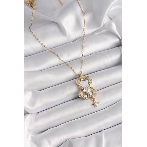 316L �elik Gold Renk Zincir Ayna Ay�c�k Model Zirkon Ta�l� Kalp Model Kad�n Kolye