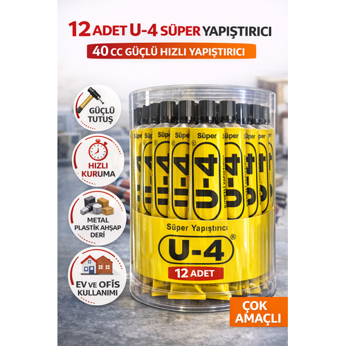 12 Adet U-4 S�per Yap��t�r�c� 40 CC G��l� H�zl� Yap��t�r�c� �ok Ama�l� Metal Plastik Ah�ap Deri Yap��t�r�c� �effaf Kutulu