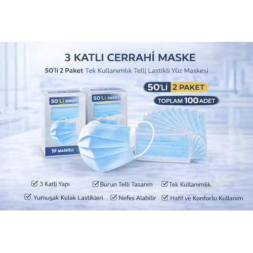 3 Katl� Cerrahi Maske 50'li 2 Paket Tek Kullan�ml�k Telli Lastikli Y�z Maskesi Toplam 100 Adet