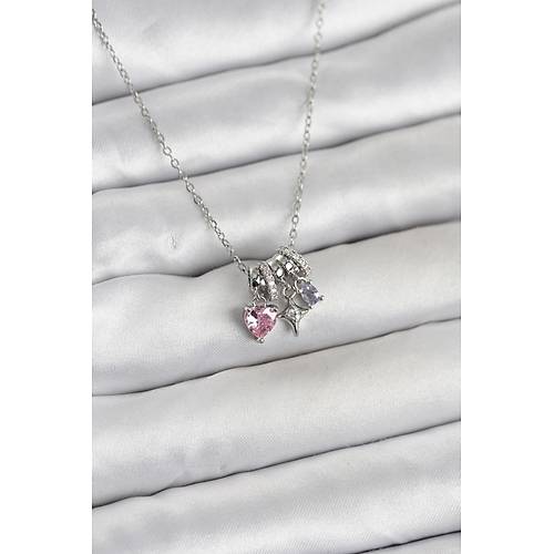 316L �elik G�m�� Pembe Zirkon Ta�l� Charml� Kad�n Kolye