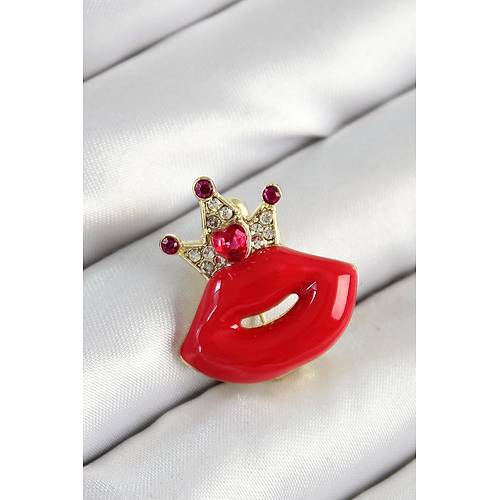 Zirkon Ta�l� Krali�e Ta� Detayl� 3D K�rm�z� Dudak Fig�rl� Gold Renk Kad�n Bro�