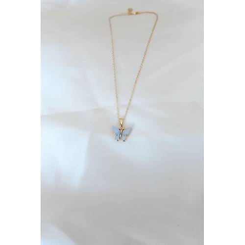 Gold Renk Kaplama Buz Mavisi Renk Sedefli Kelebek Kolye