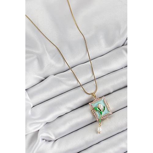 316L �elik Zincir Turkuaz Sanatsal Portre Sallant�l� �nci Detayl� Lale Model Gold Renk Kad�n Kolye