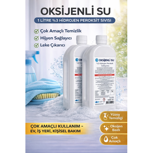 Oksijenli Su 1 Litre 2 Adet Set %3 Hidrojen Peroksit Sol�syonu �ok Ama�l� Temizlik ve Hijyen S�v�s�