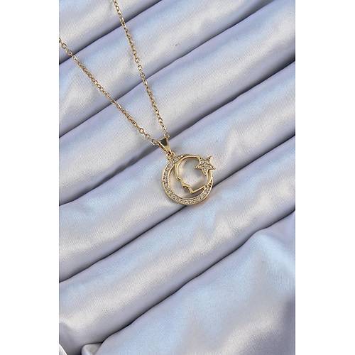 316L �elik Zincir Alt�n Renk Zirkon Ta�l� Ay Y�ld�z Simgeli Atat�rk Kolye