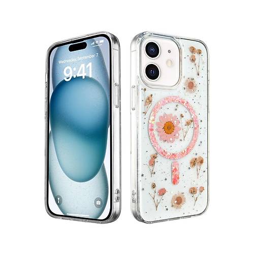 iPhone 12 K�l�f Daisy Simli Magsafe Kapak - Pembe