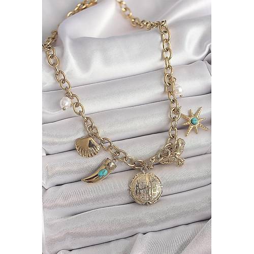 316L �elik Gold Renk Zincir Sallant�l� �oklu Fig�r Model Kad�n Kolye