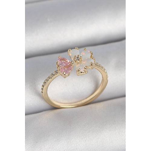 Pirin� Gold Renk Beyaz Mineli Pembe Zirkon Ta�l� �i�ek Model Kad�n Y�z�k