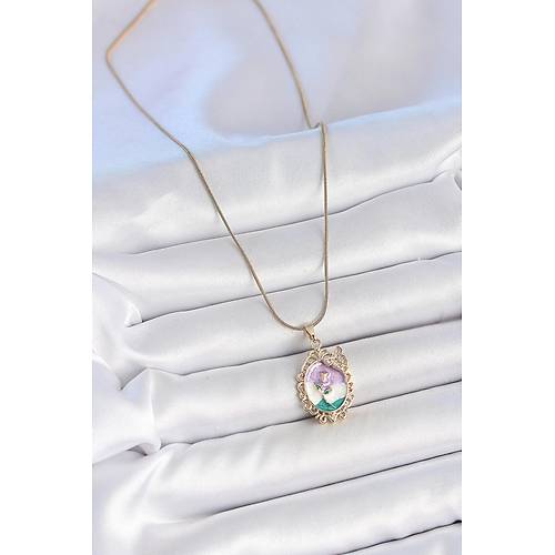 316L �elik Gold Renk Zincir Mix Renk Mineli �i�ek ��lemeli Zirkon Ta� Detayl� Portre Model Kad�n Kolye