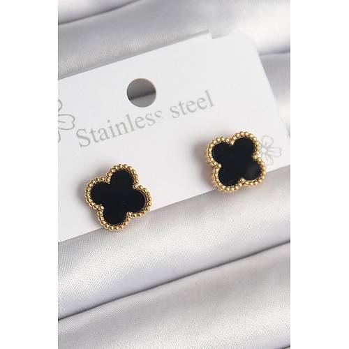 316L �elik Gold Renk Siyah Yonca Model Kad�n K�pe