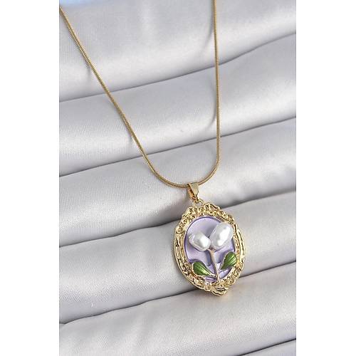 316L �elik Gold Renk Mor �ncili �i�ek ��lemeli Portre Model Kad�n Kolye