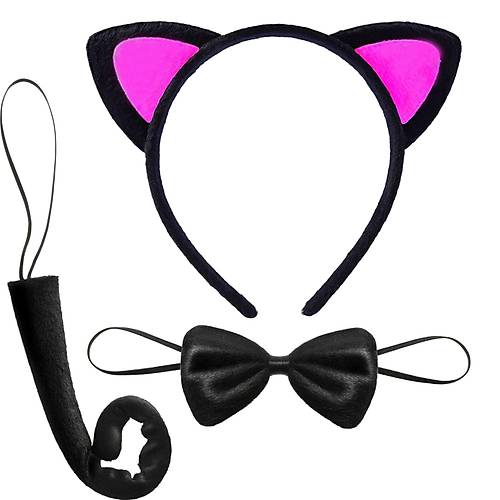 Kedi Kulak Ta� Kuyruk ve Papyon 3 l� Set �ocuk Boy Fu�ya Renk