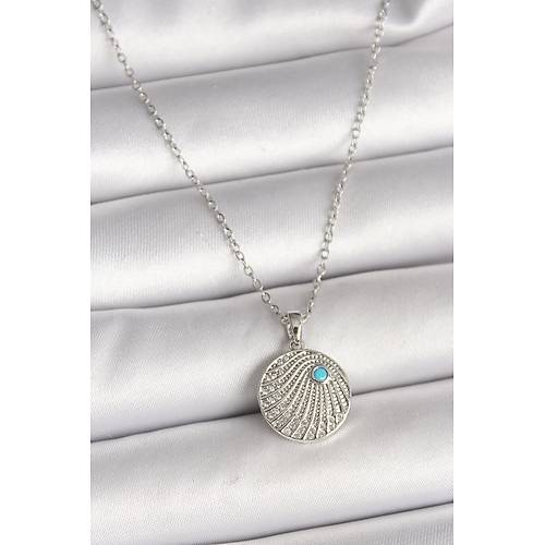 316L �elik G�m�� Renk Zincir Zirkon Ta�l� Mavi Ta� Detayl� Madalyon Model Kad�n Kolye