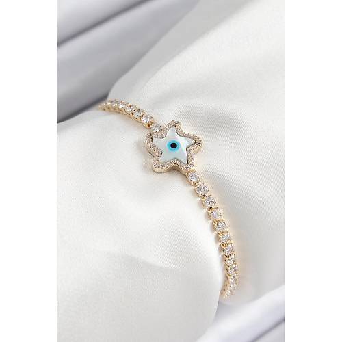 Pirin� Zirkon Ta�l� Nazar Y�ld�z Model Gold Renk Asans�rl� Kad�n Bileklik